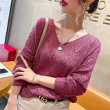 LOVEMI - Lovemi - V-neck Crochet Hollow Knit Sweater Blouse Women's