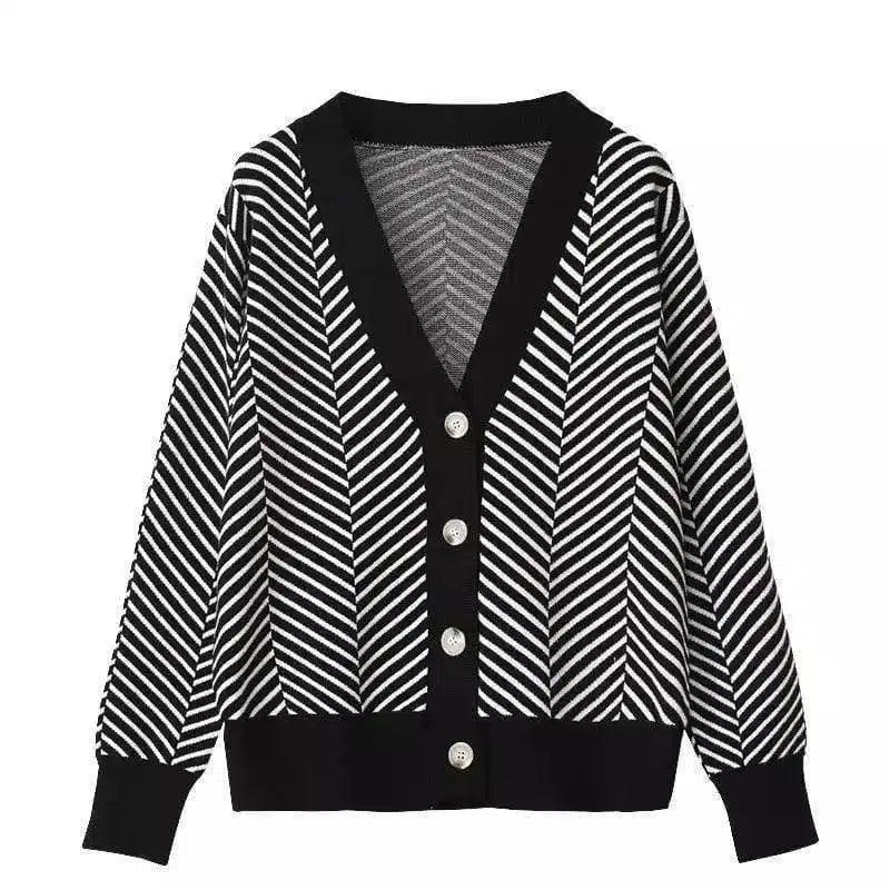 V Neck Diamond Striped Lazy Style Literary Knit Cardigan-Black-4