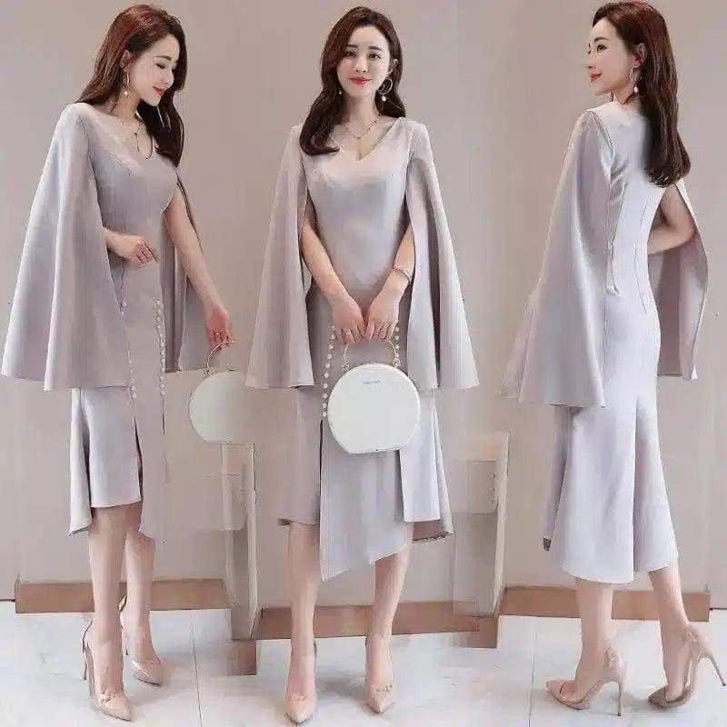 Elegant Women's Cape Dress with Pearl Accents-gray-2