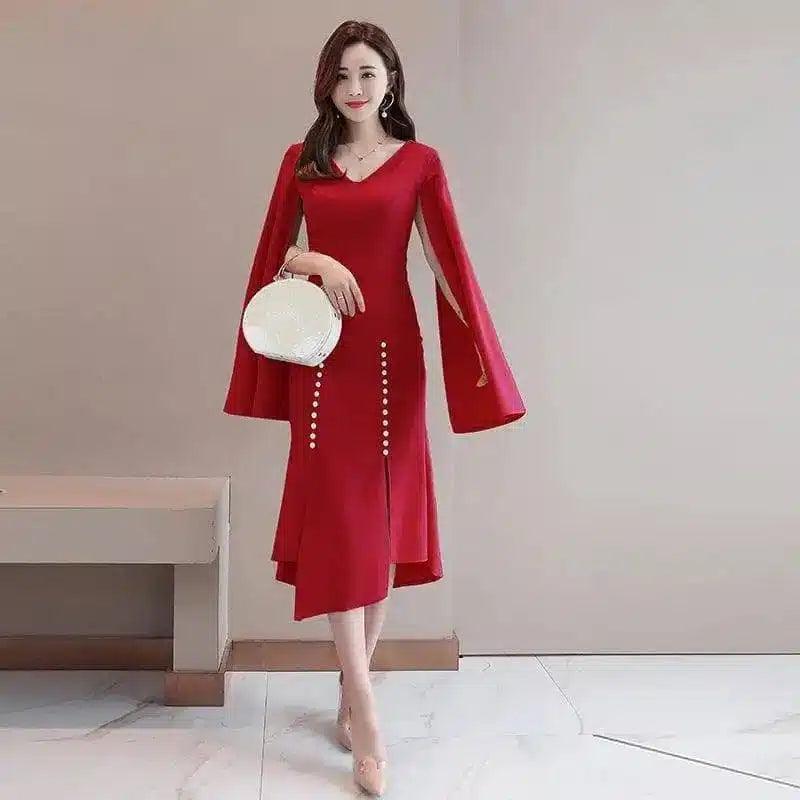 Elegant Women's Cape Dress with Pearl Accents-gules-3