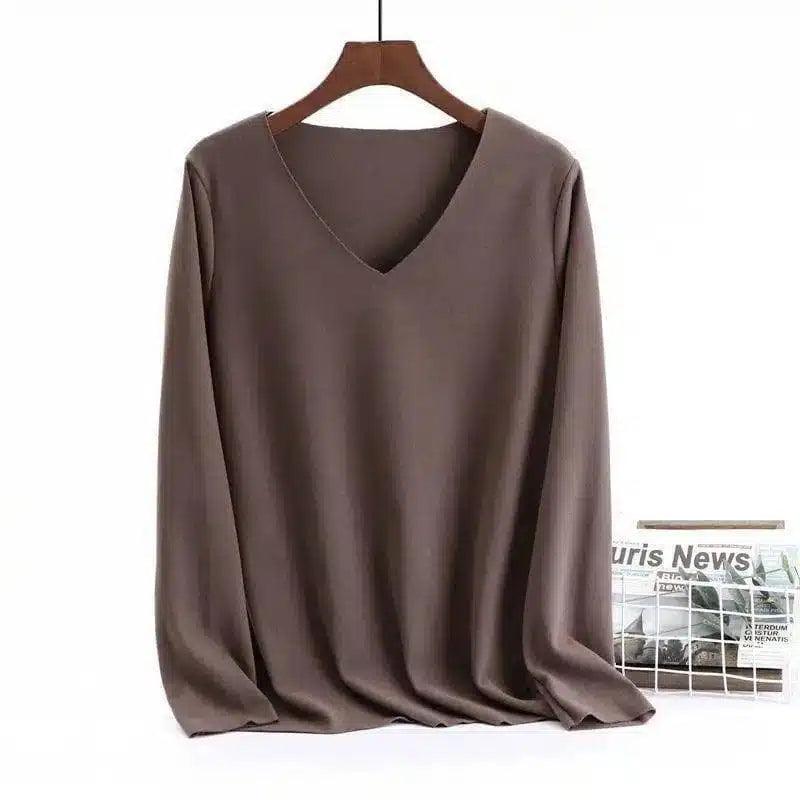 Women's V-Neck Long Sleeve Blouse-Brown-7