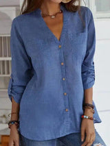 Women's Casual V-Neck Button-Up Shirt-Blue-1