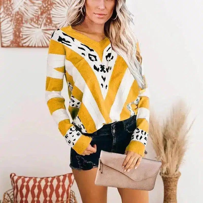 LOVEMI - Lovemi - V-Neck Striped Leopard Print Sweater