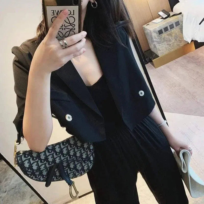 Women's Cropped Blazer and Pleated Skirt Set-black-2