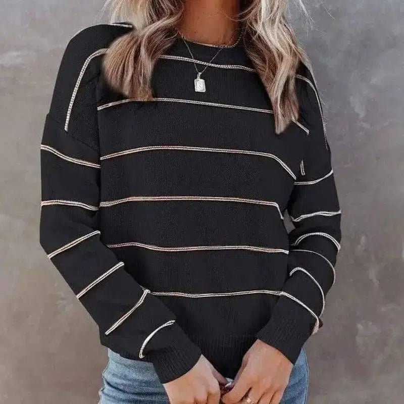 LOVEMI - Lovemi - Women Round Neck Striped Long Sleeve Pullover