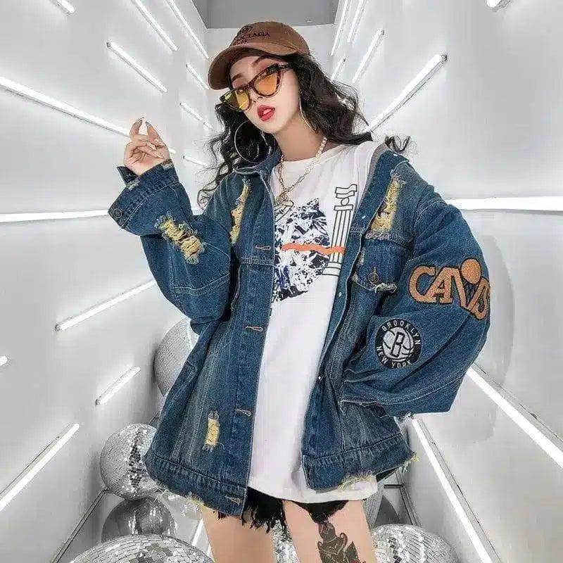 Oversized Embroidered Denim Jacket-Blue-2