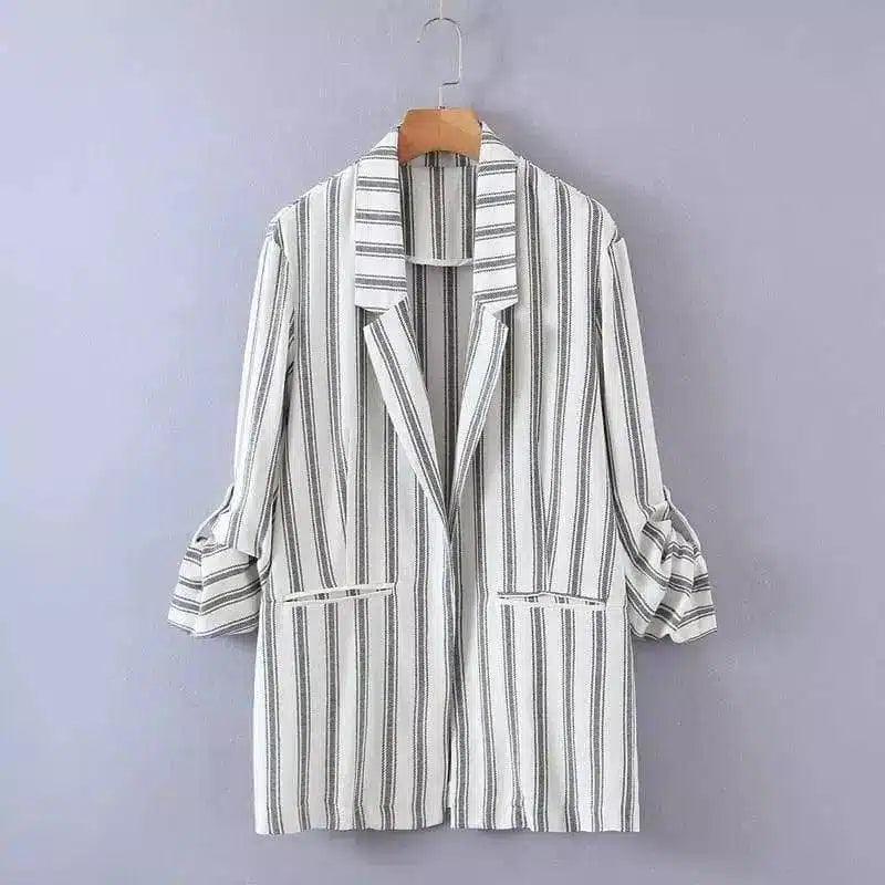 Striped Blazer-Style Jacket for Women-White-1