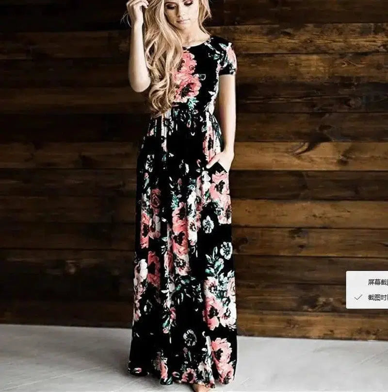 Women's Flower Printing Maxi Dress-Black-14