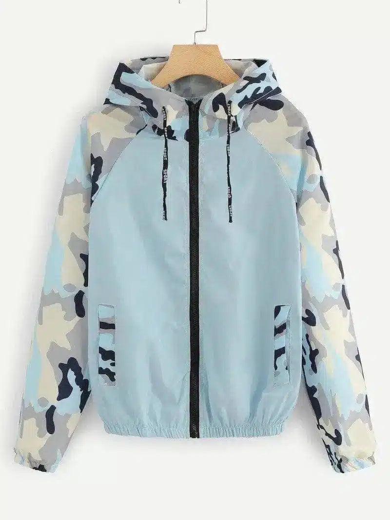 Camo Hooded Zip-Up Windbreaker Jacket-Light blue-3