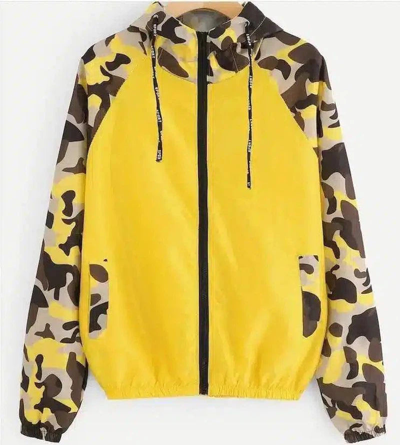 Camo Hooded Zip-Up Windbreaker Jacket-Yellow-8