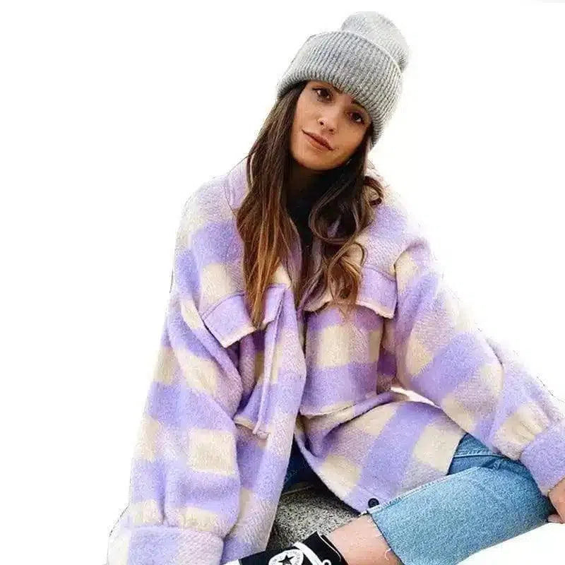 Warm Knit Beanie and Plush Checked Jacket-Purple-1