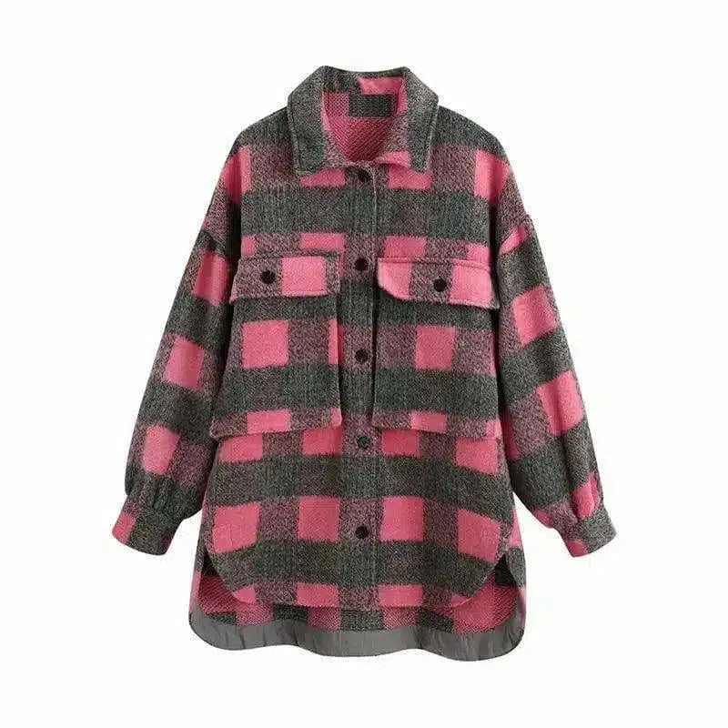 Warm Knit Beanie and Plush Checked Jacket-Pink-2
