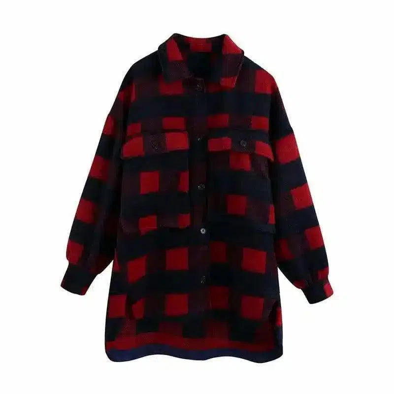Warm Knit Beanie and Plush Checked Jacket-Red-3