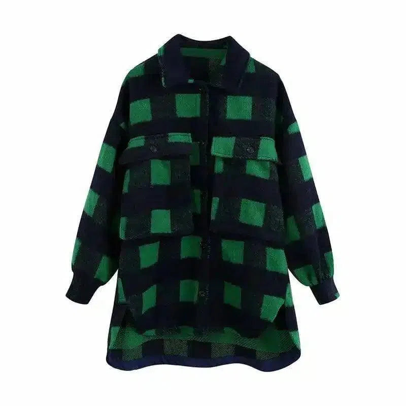 Warm Knit Beanie and Plush Checked Jacket-Green-4