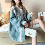 Lace Trim Knit Cardigan with Tie Neck Blouse-Blue-3