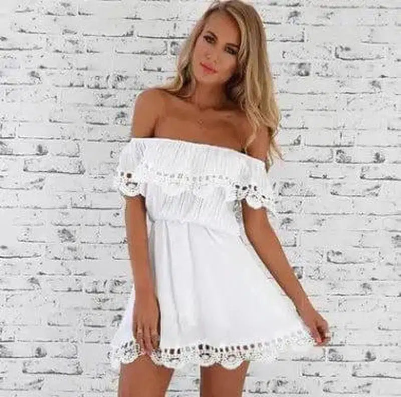 Women's Off Shoulder Lace Dress-White-15