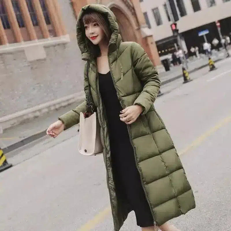 Women's Hooded Long Puffer Coat-Army Green-1