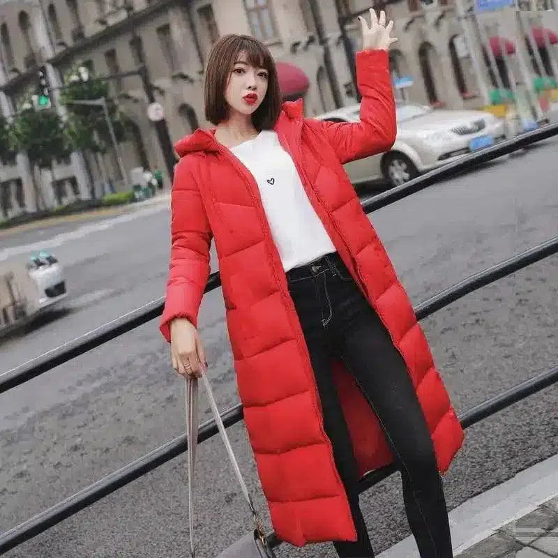 Women's Hooded Long Puffer Coat-Red-4