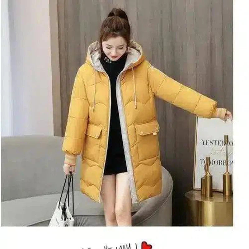 Women's over-the-knee plaid cotton coat-Yellow-2