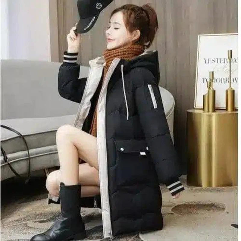 Women's over-the-knee plaid cotton coat-Black-5