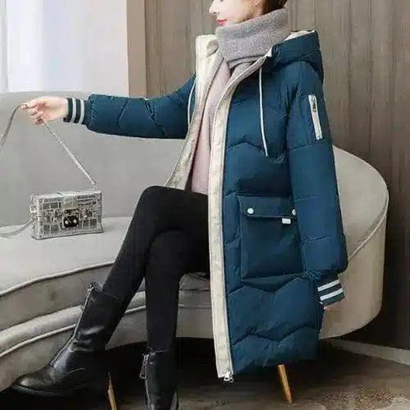 Women's over-the-knee plaid cotton coat-Blue-6