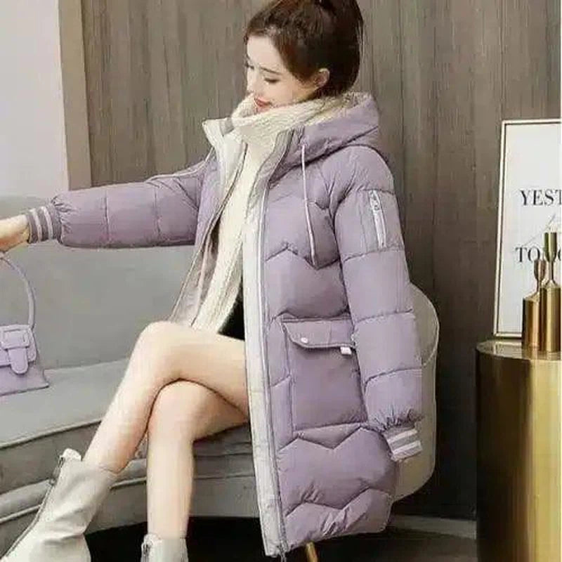 Women's over-the-knee plaid cotton coat-Light purple-8