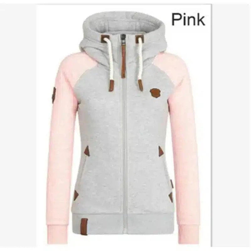 Women's Zip-Up Hooded Sweatshirt with Pockets-Pink-1