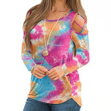 Women's Floral Cold Shoulder Long Sleeve Top-Tie dye-7