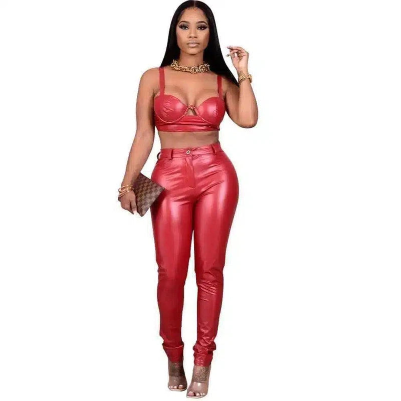 Women's Faux Leather Pants & Crop Top Set-Red-1