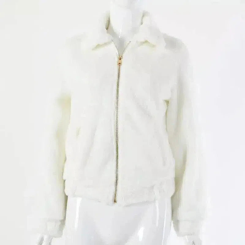 Faux Fur Zip-Up Jacket for Women-White-3