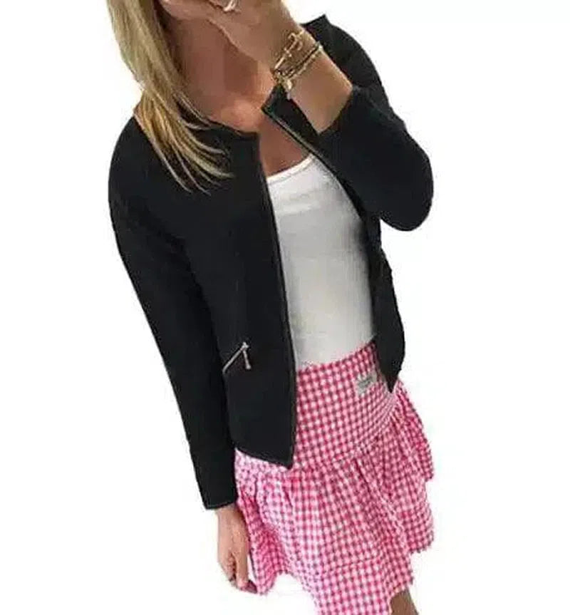 Women's Zippered Tweed Jacket-Black-3