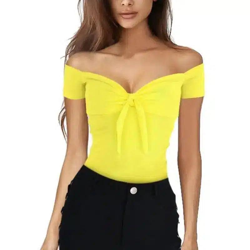 Off-Shoulder Bow Front Women's Top-Yellow-3