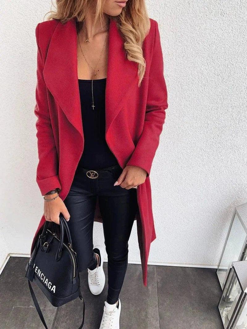 Womens Casual Open Front Coat-Red-6