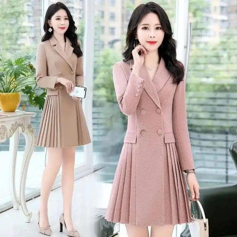 Women's Double-Breasted Pleated Dress Coat-1