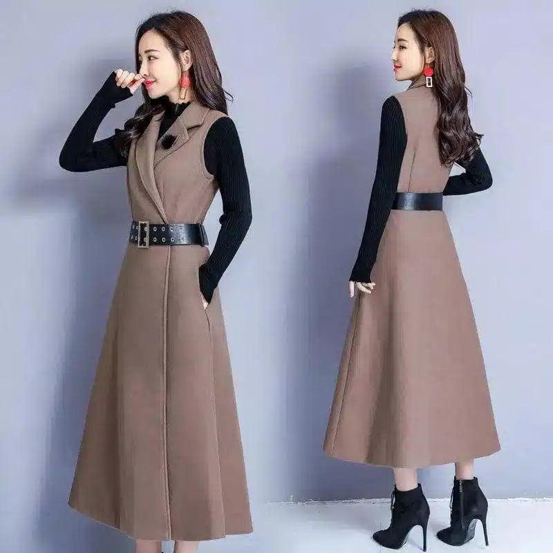 Elegant Belted Sleeveless Midi Dress-Chocolate color-2