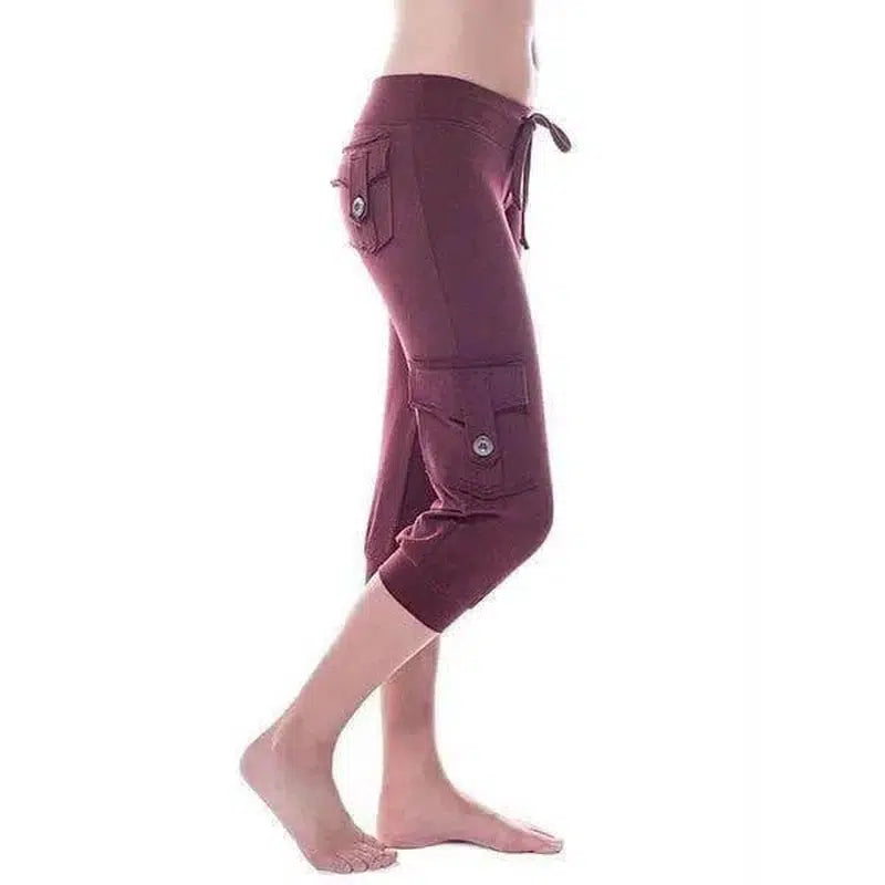 Yoga cropped pants with elastic waist button pockets-Wine Red-2