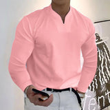 Male Fashion Casual Solid Color V-neck Long Sleeve Shirts-Pink-7