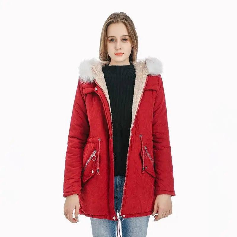 Medium length coat with large fur collar-Red-6