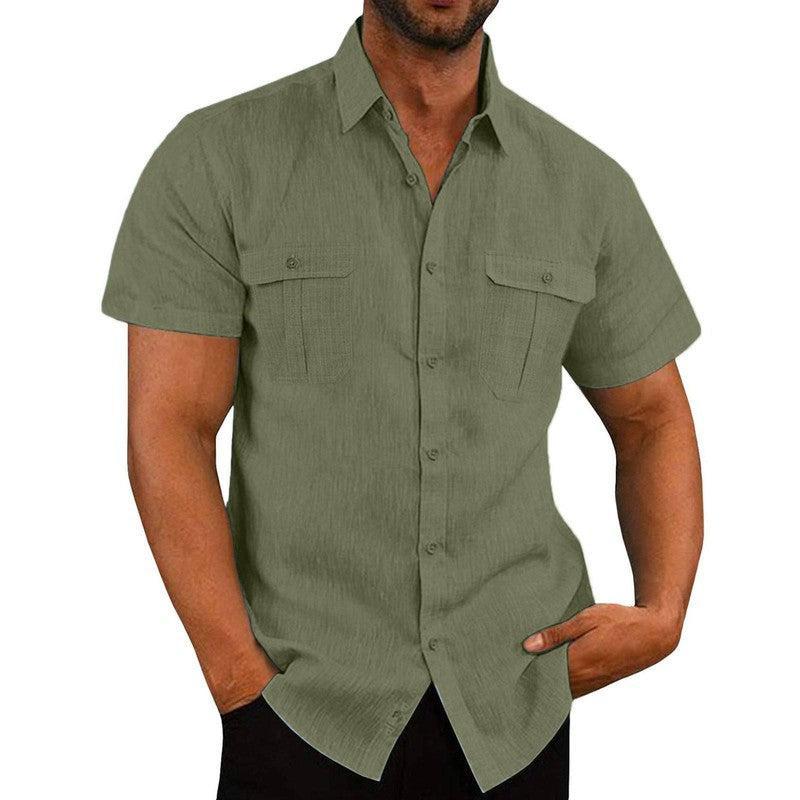 Men's Button Short Sleeve Shirt Summer Casual Double Pocket Wide Collar Beach Shirt Summer Apricot / 3XL-Army green-5