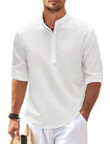 Men's Casual Shirt Long Sleeve Stand Collar Solid Color-White-4