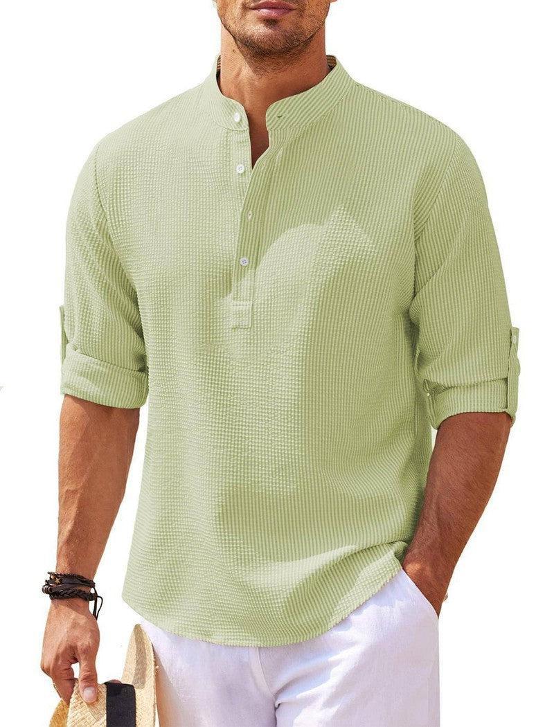 Men's Casual Shirt Long Sleeve Stand Collar Solid Color Shirt Mens Clothing Khaki / 5XL-Green-6