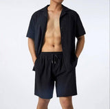 Men's Fashion Loose Casual Men's Shirt Two-Piece Set-Black-3