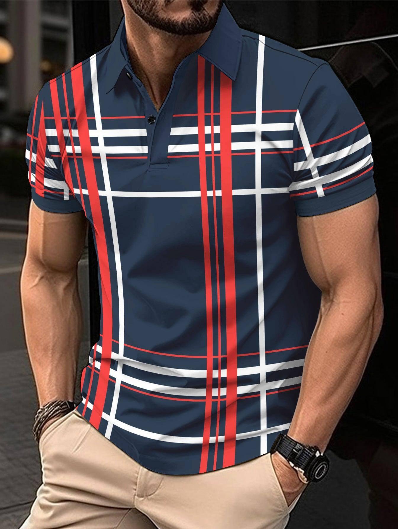 Men's Printed Lapel Button Sport Short Sleeved Shirt-Navy Blue-8