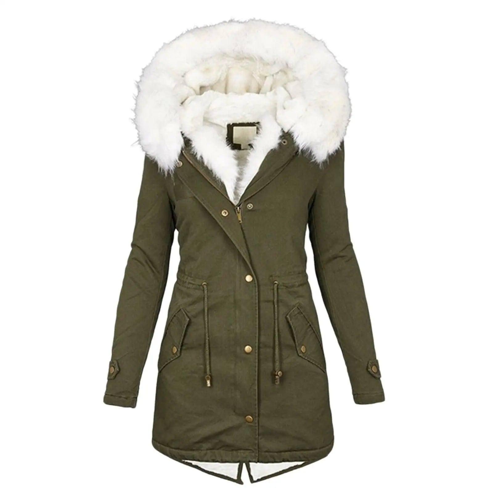 Mid-length hooded winter warm plus fleece coat-Army Green-4