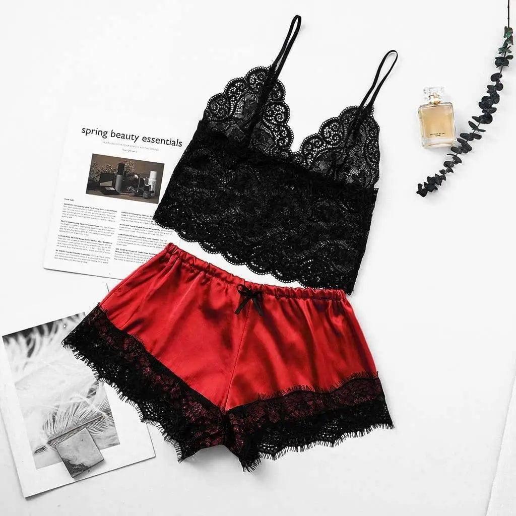 Midnight Charm Sexy Lingerie Lace Home Set-Red-3