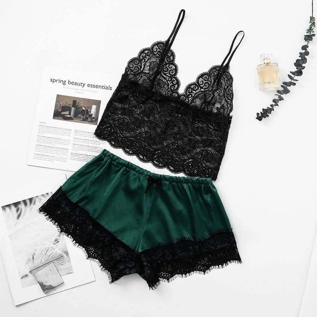 Midnight Charm Sexy Lingerie Lace Home Set-Green-7