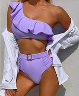 Ms. Mason's Solid Color Ruffled Split Swimsuit Bikini-Purple-1