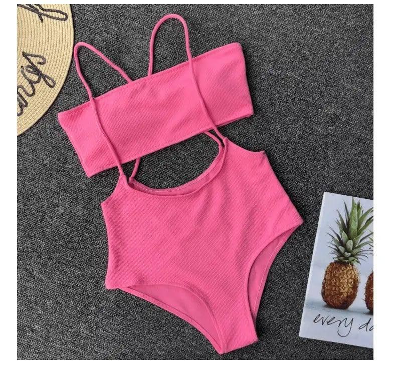 Ms. Split Swimsuit Solid Color Irregular Bib Bikini-Pink-2