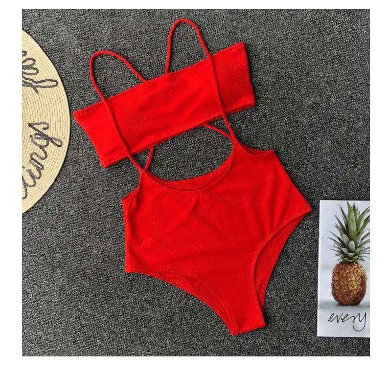 Ms. Split Swimsuit Solid Color Irregular Bib Bikini-Red-4