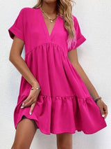 New Short-sleeved V-neck Dress Summer Casual Sweet Ruffled-Rose Red-4